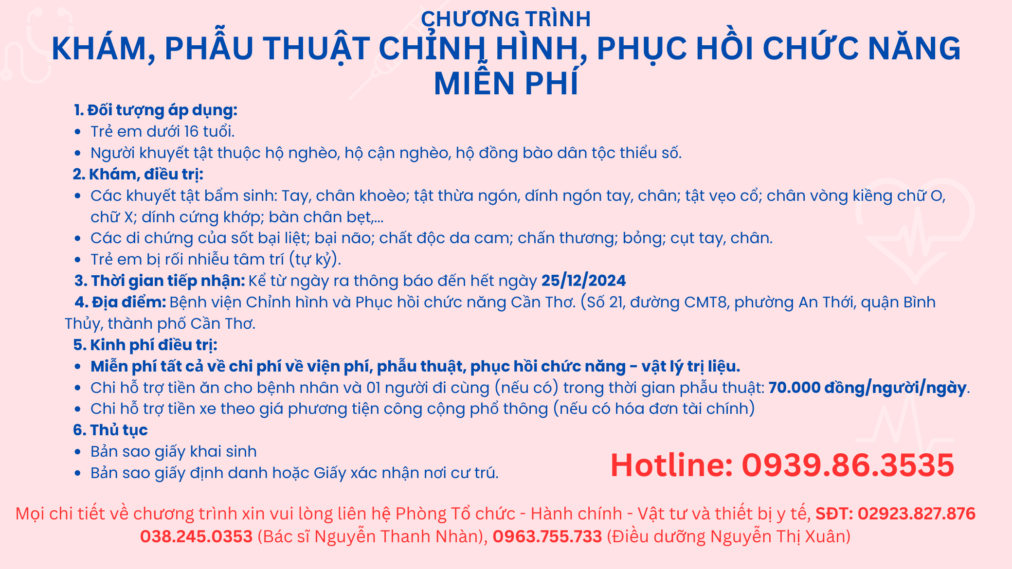 THÔNG BÁO: CHƯƠNG TRÌNH KHÁM, PHẪU THUẬT CHỈNH HÌNH, PHỤC HỒI CHỨC NĂNG MIỄN PHÍ